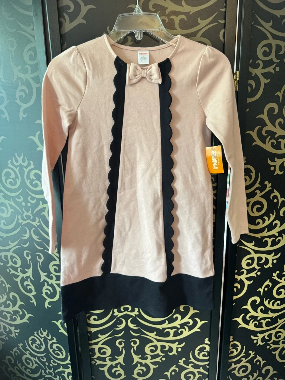 Gymboree Cream Dress with Black Scallop Trim and Bow